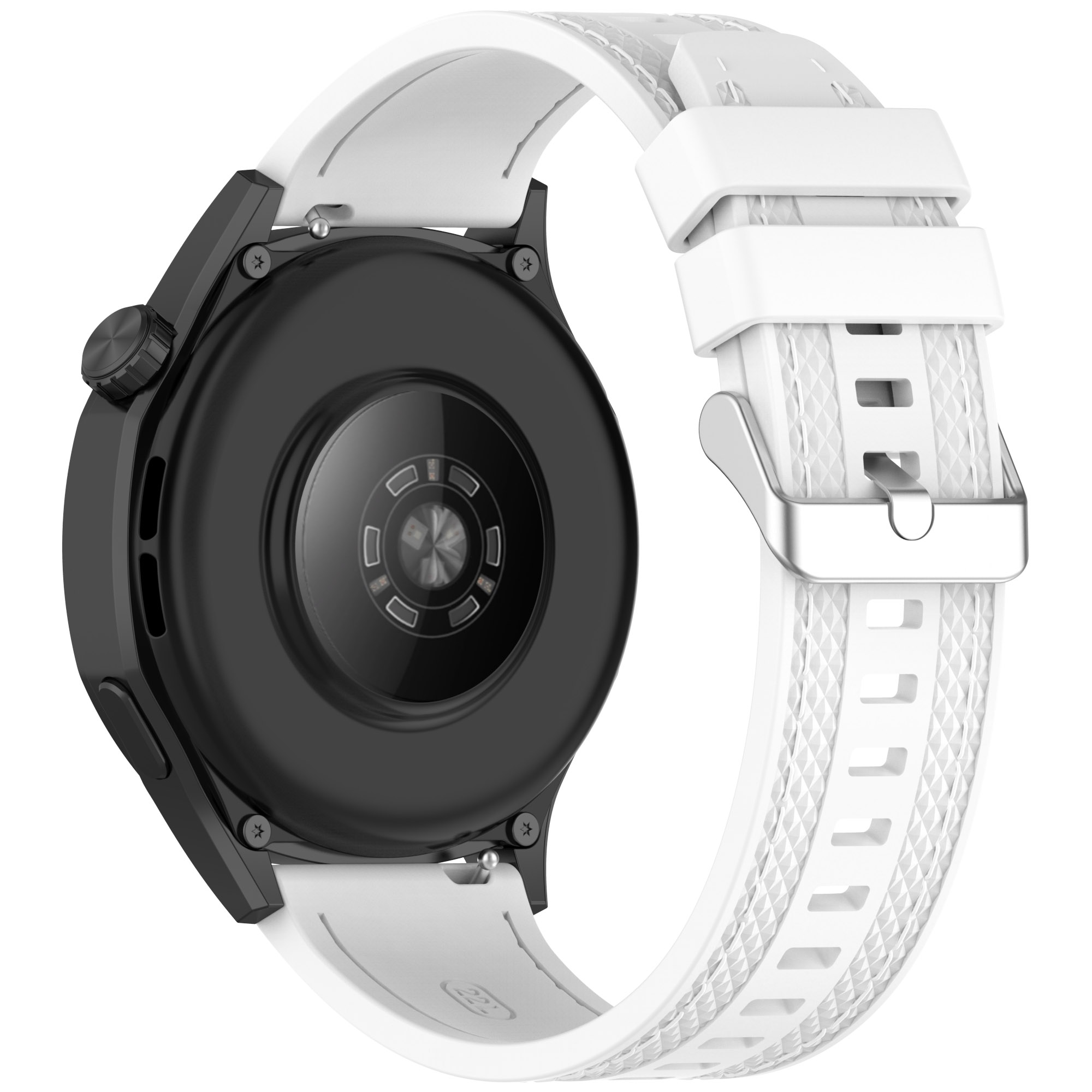 Schwarze Smartwatch mit weißem Armband. Das Armband ist befestigt. Das Zifferblatt ist schwarz. Das Armband hat ein strukturiertes Design.