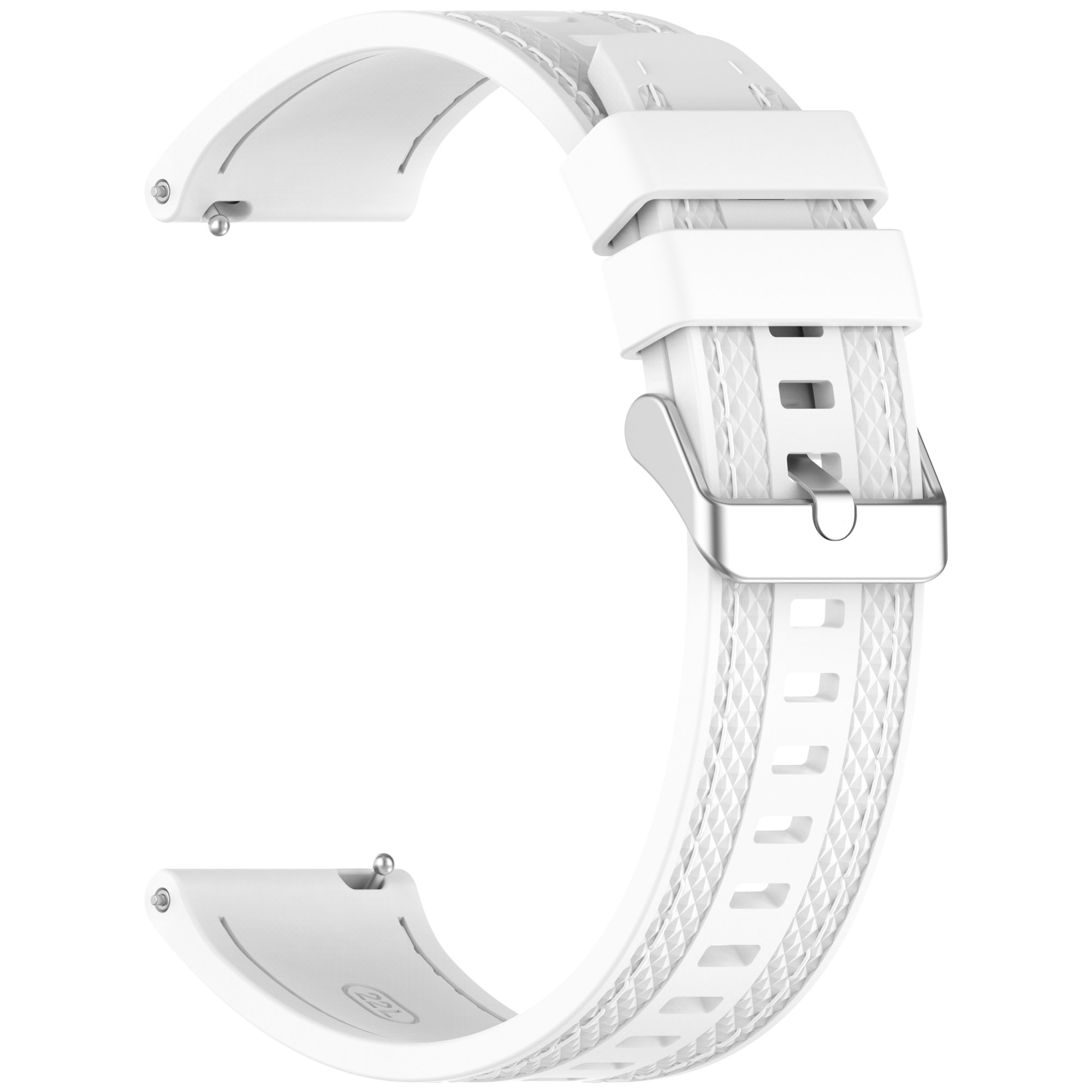 Weißes Uhrenarmband. Strukturiert, mit silberner Schnalle. Das Band ist gebogen. An jedem Ende befindet sich ein Stift zur Befestigung.