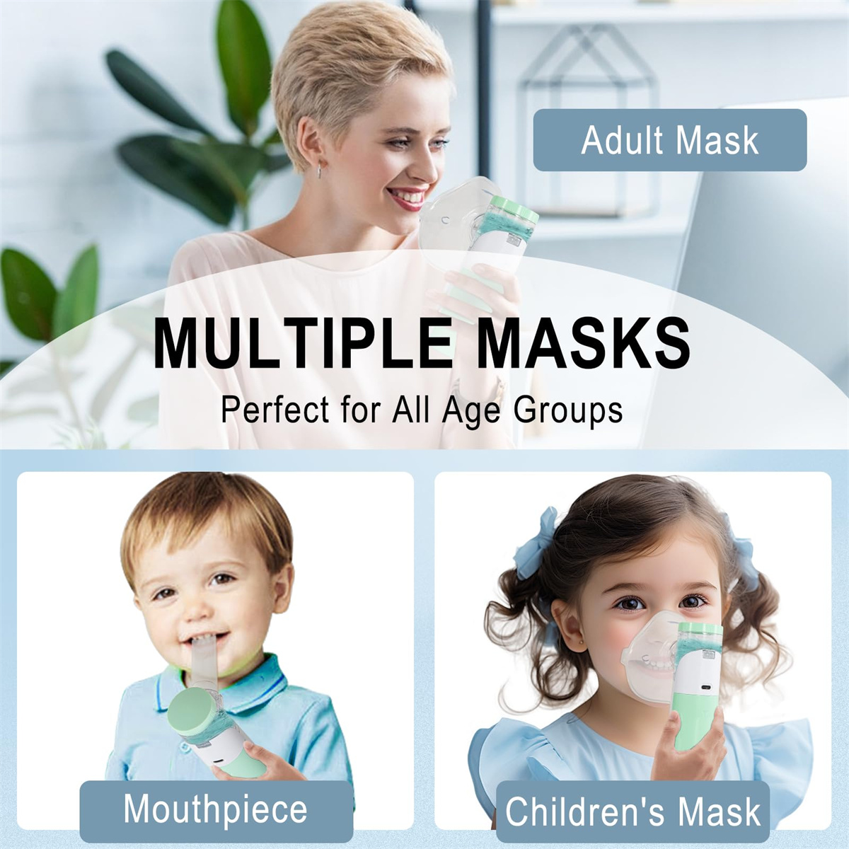 Das Bild zeigt einen Erwachsenen, einen Jungen mit Mundstück und ein Mädchen mit Kindermaske, mit dem Text: mehrere Masken für alle Altersgruppen.