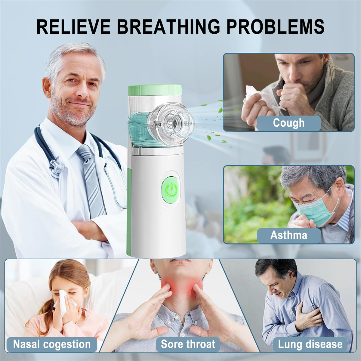 Das Bild zeigt einen Arzt mit einem Inhalator und Illustrationen von Husten, Asthma, Verstopfung, Halsschmerzen und Lungenerkrankungen.