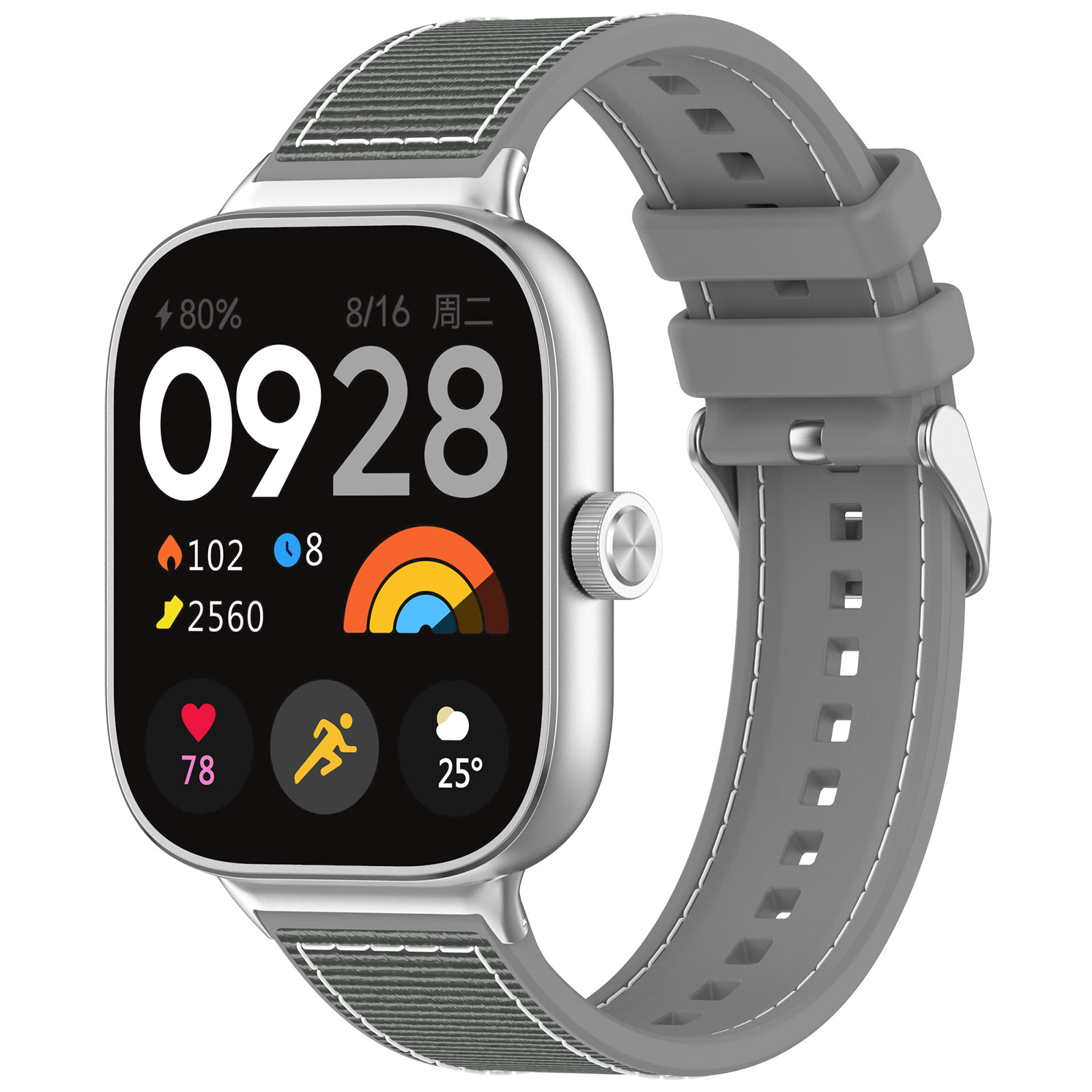 Uno smartwatch argentato con cinturino grigio mostra ora, batteria e dati attività.