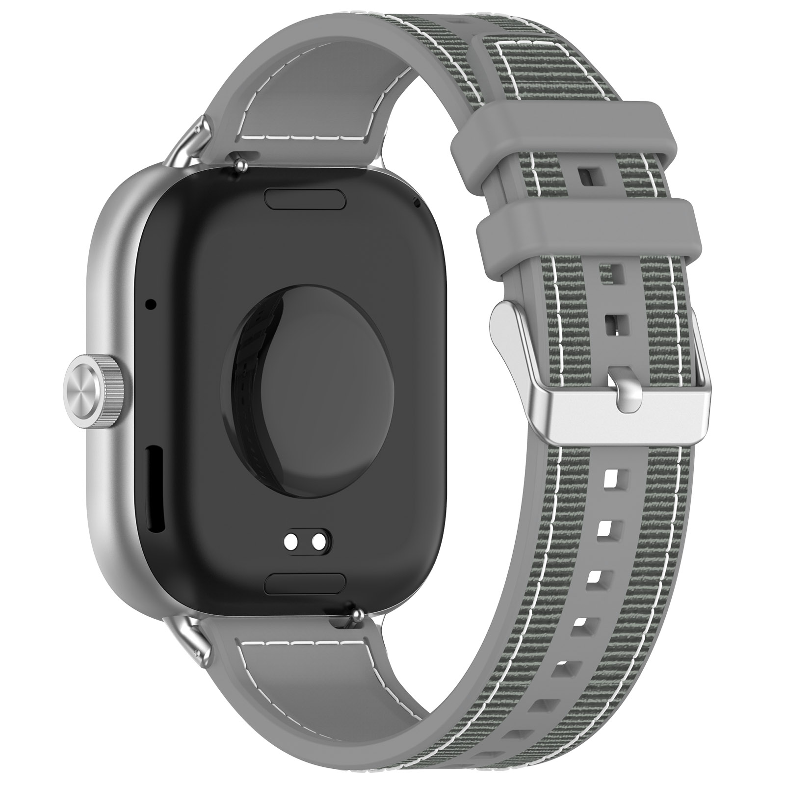Uno smartwatch argentato con cinturino grigio. Il quadrante è nero. Il cinturino è grigio con dettagli bianchi e verdi.