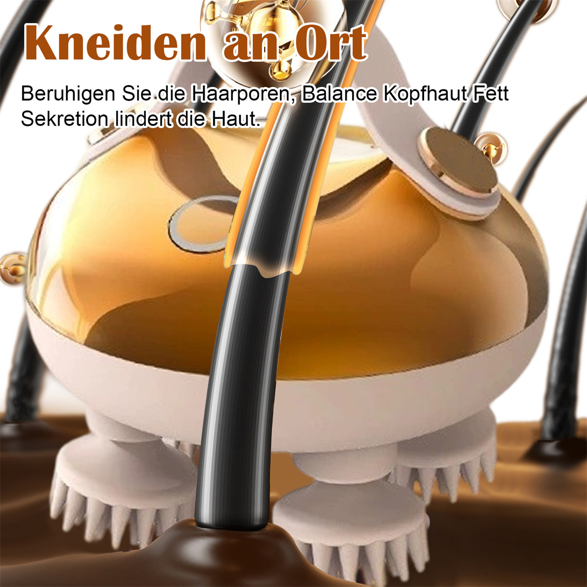 Werbung zeigt ein Gerät mit Haarsträhnen. Das Gerät ist gold und weiß mit kleinen Bürsten unten.