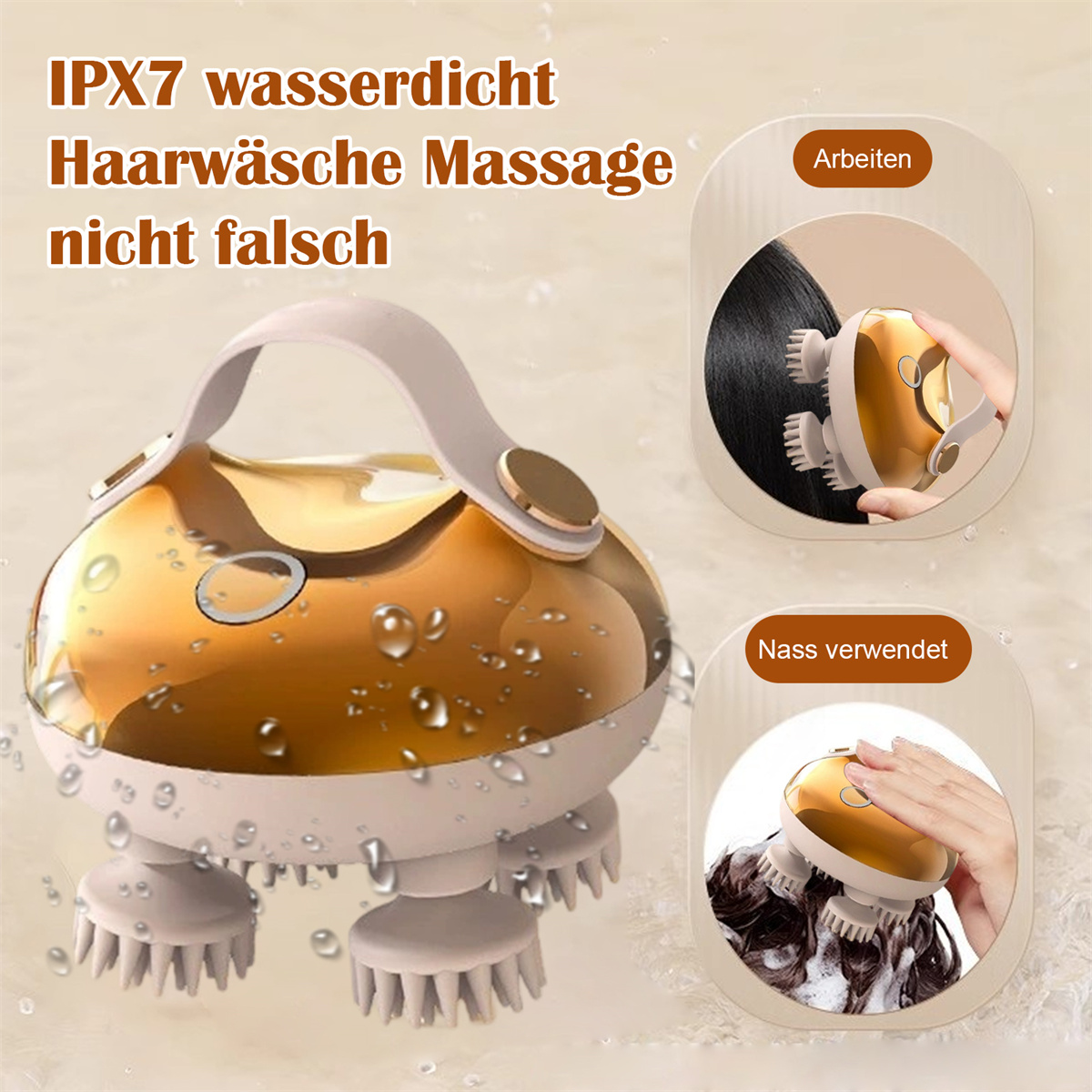 Ein gold-weiß wasserdichter Haarmassager mit Griff. Er hat Bürstenköpfe. Das Bild zeigt, wie man ihn auf dem Haar verwendet.