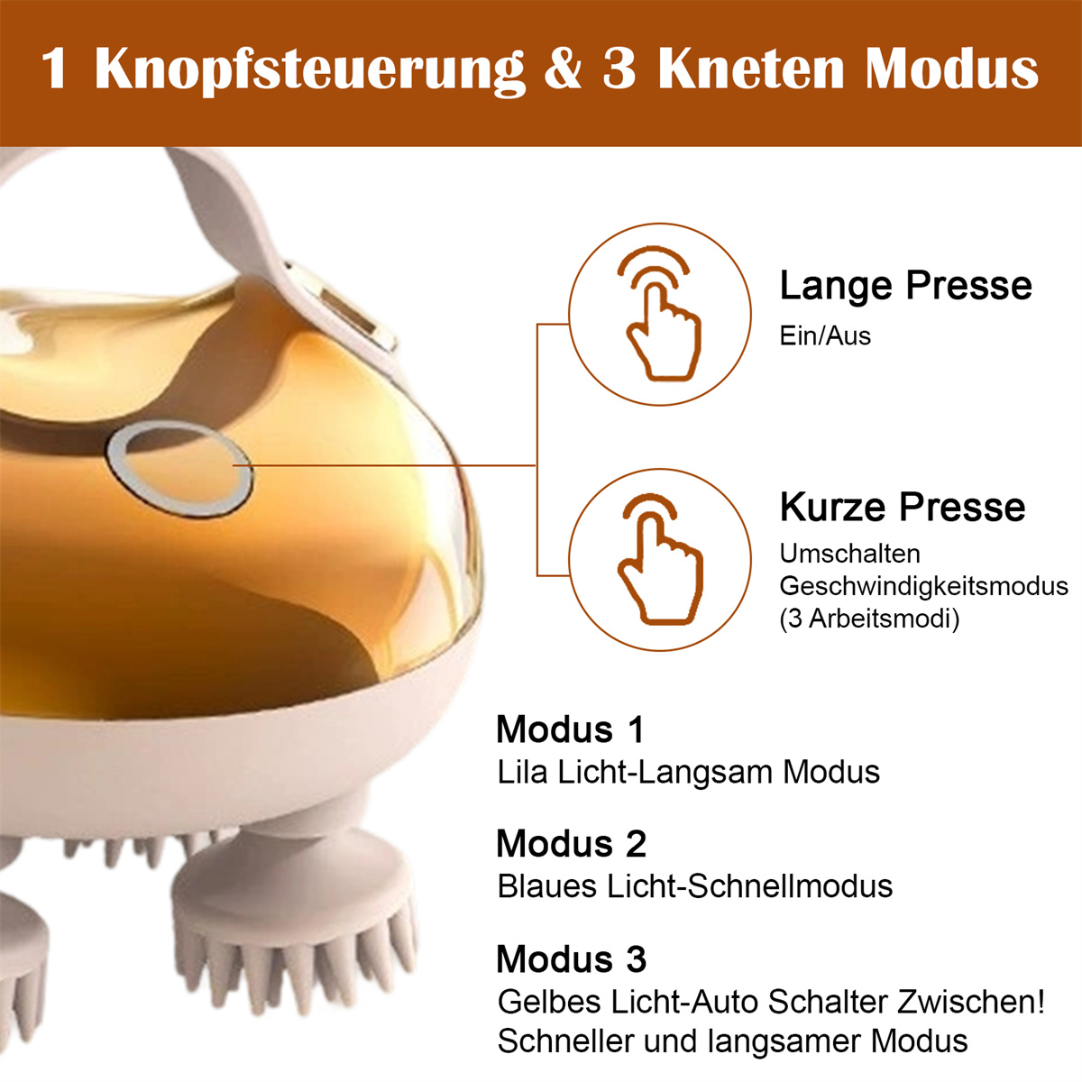 Ein weißes und goldenes Gerät mit Tastensteuerung und Massagemodi. Text erklärt langes Drücken für Ein/Aus und kurzes Drücken für Geschwindigkeit.