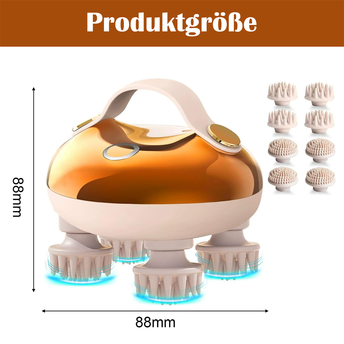 Ein Massagegerät mit Griff, goldfarbenem Körper und vier Bürstenköpfen. Abmessungen: 88mm x 88mm. Zusätzliche Bürstenköpfe sind vorhanden.