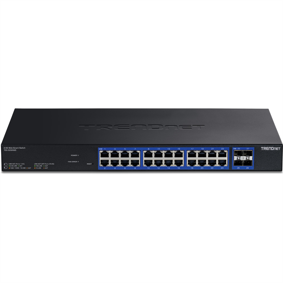 Un commutateur intelligent Web TRENDnet 2.5G noir avec plusieurs ports. L'avant comporte des ports numérotés et des voyants.