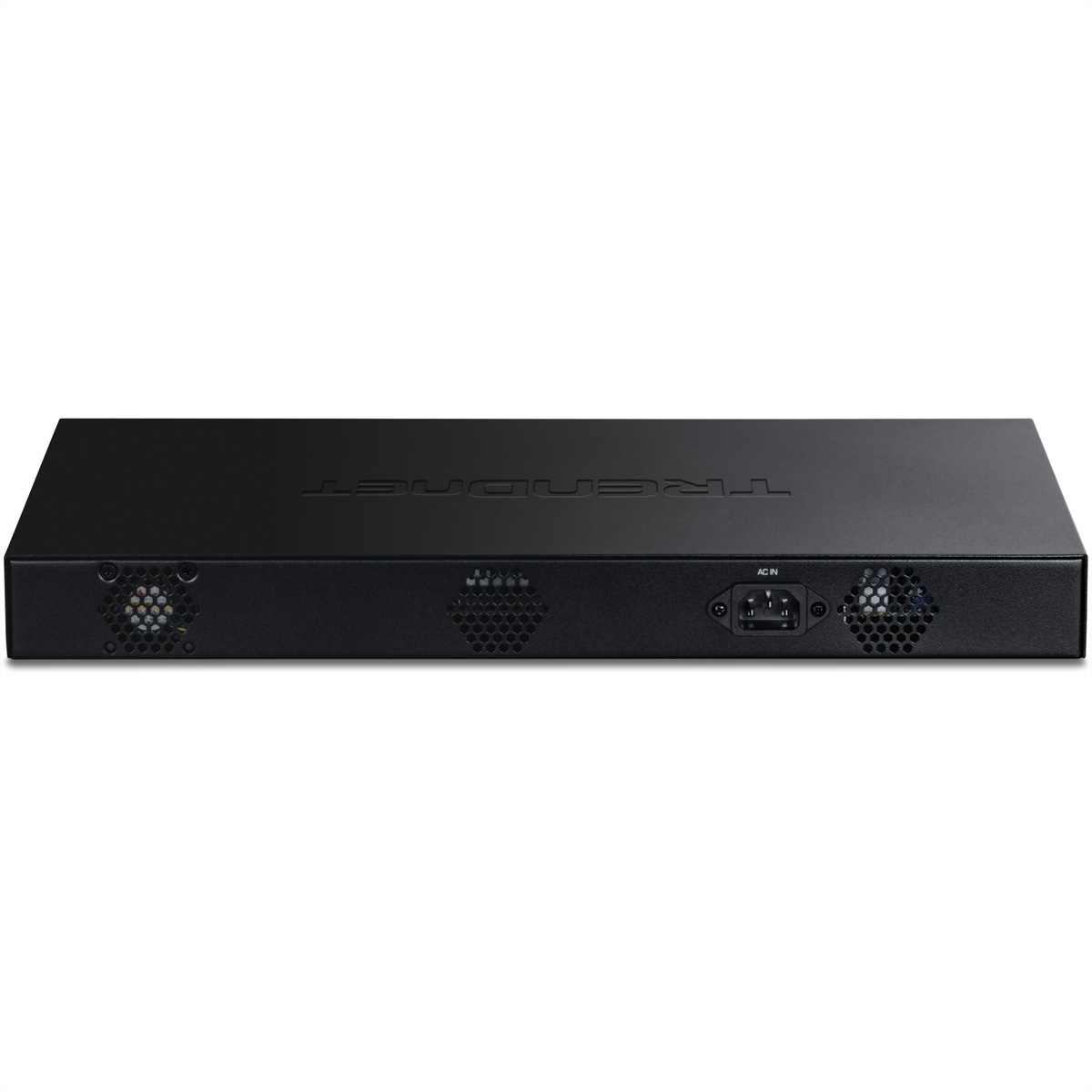 Un switch réseau TRENDnet noir, avec ventilateurs, ports et une entrée d'alimentation CA. L'appareil est sur fond blanc.