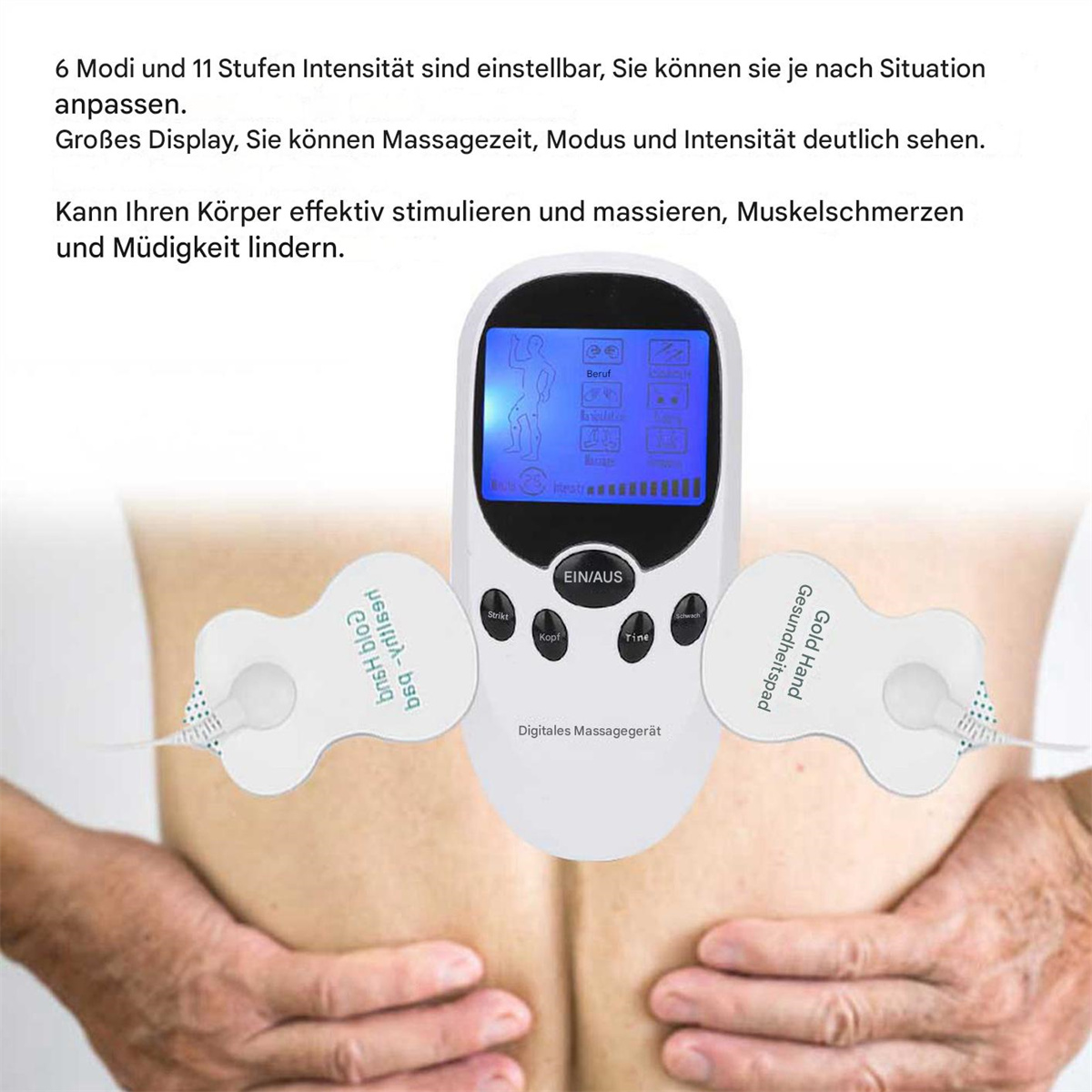 Der Rücken einer Person mit einem digitalen Massagegerät und angebrachten Pads. Das Gerät hat einen blauen Bildschirm und Knöpfe.