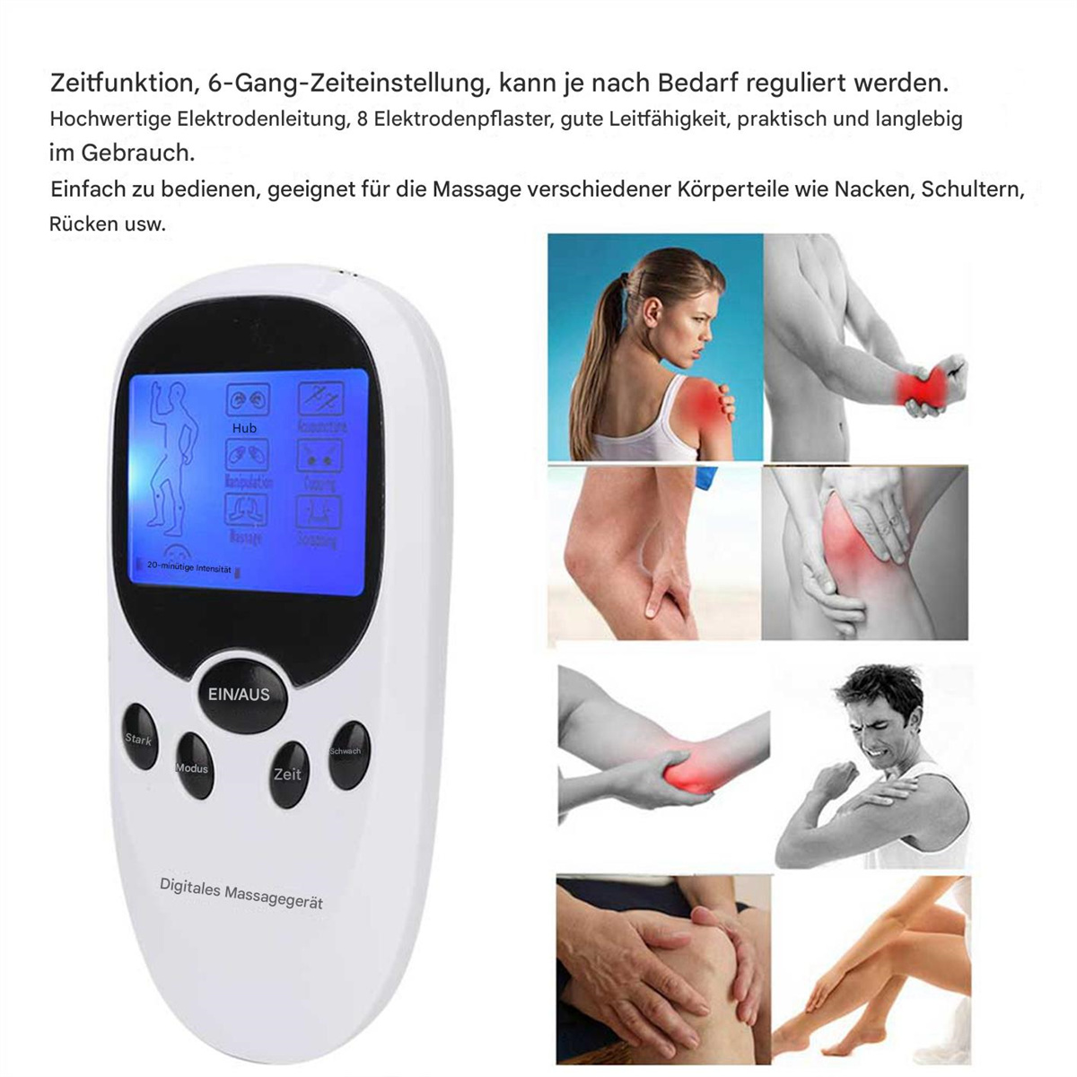Ein weißes digitales Massagegerät mit blauem Bildschirm, der Symbole anzeigt. Bilder zeigen Körperstellen, die Schmerzen hervorheben, zusammen mit Text.