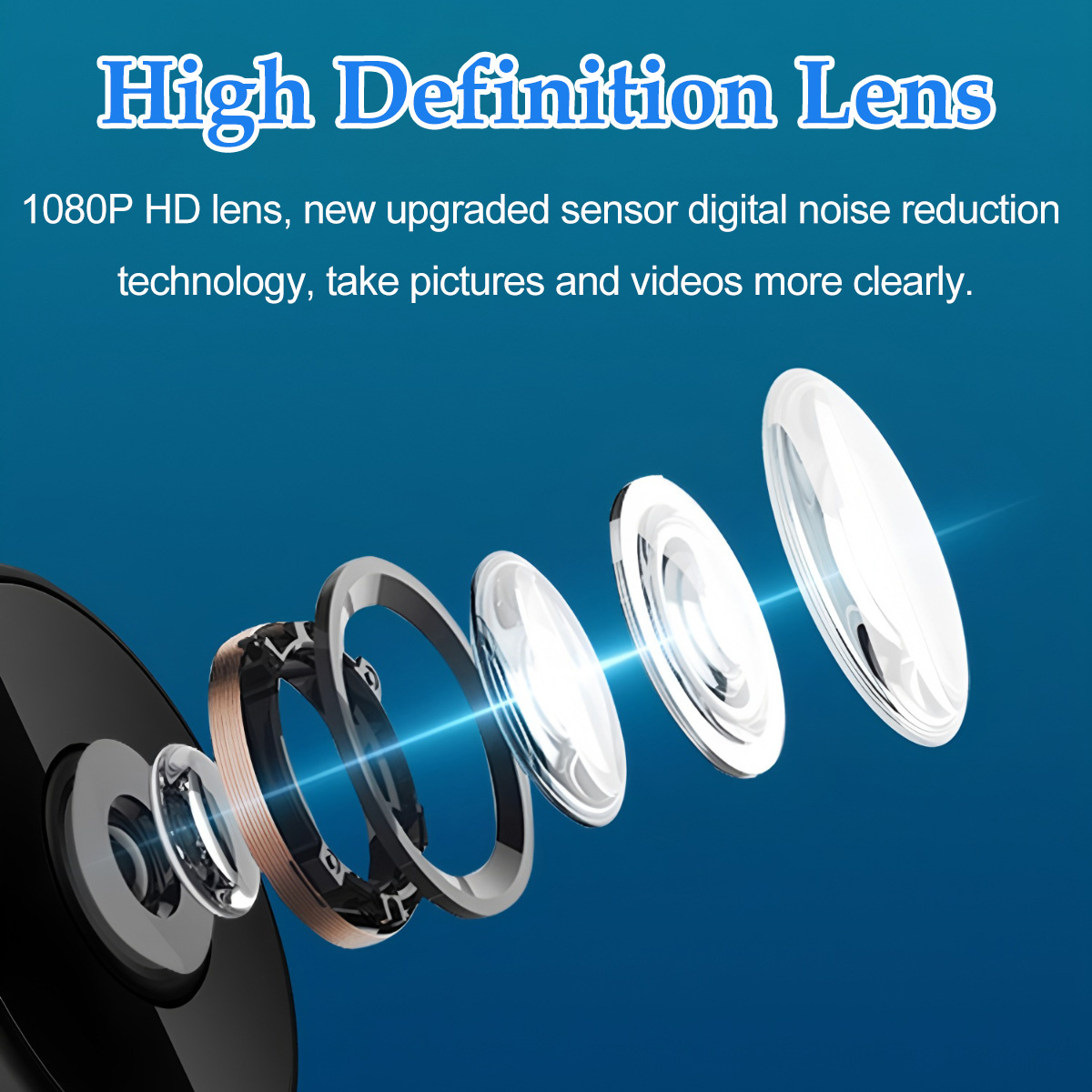 Das Bild zeigt eine zerlegte Linse mit dem Text 'High Definition Lens'. Blauer Hintergrund mit Linsenkomponenten und Text über Kamerafunktionen.