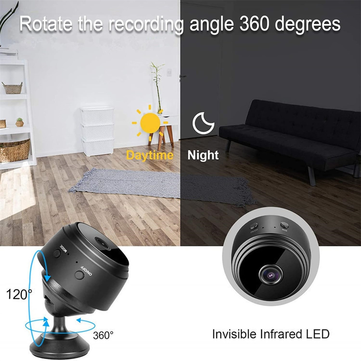 Eine schwarze Überwachungskamera mit 120- und 360-Grad-Drehung. Illustrationen von Tag- und Nachtszenen. Unsichtbare Infrarot-LED.