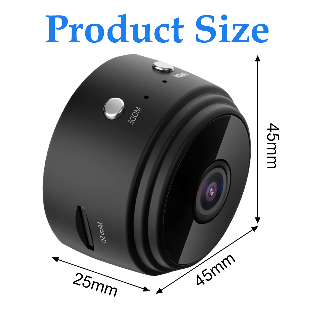 Eine schwarze Minikamera mit den Maßen 45 mm x 45 mm x 25 mm. Sie hat Knöpfe, ein Objektiv und einen Micro-SD-Steckplatz. Der Text lautet 'Produktgröße'.