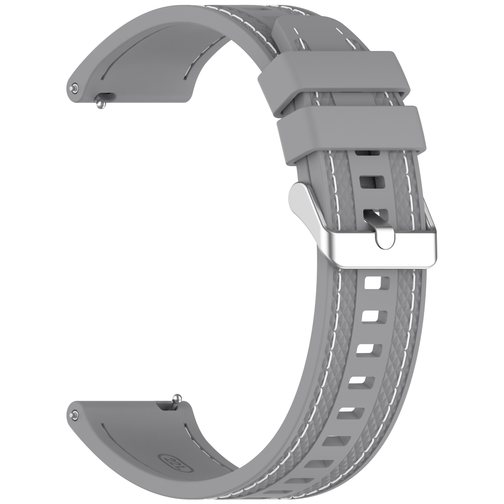 Ein graues Uhrenarmband mit weißen Nähten. Es hat eine silberne Schnalle und befindet sich auf weißem Hintergrund.