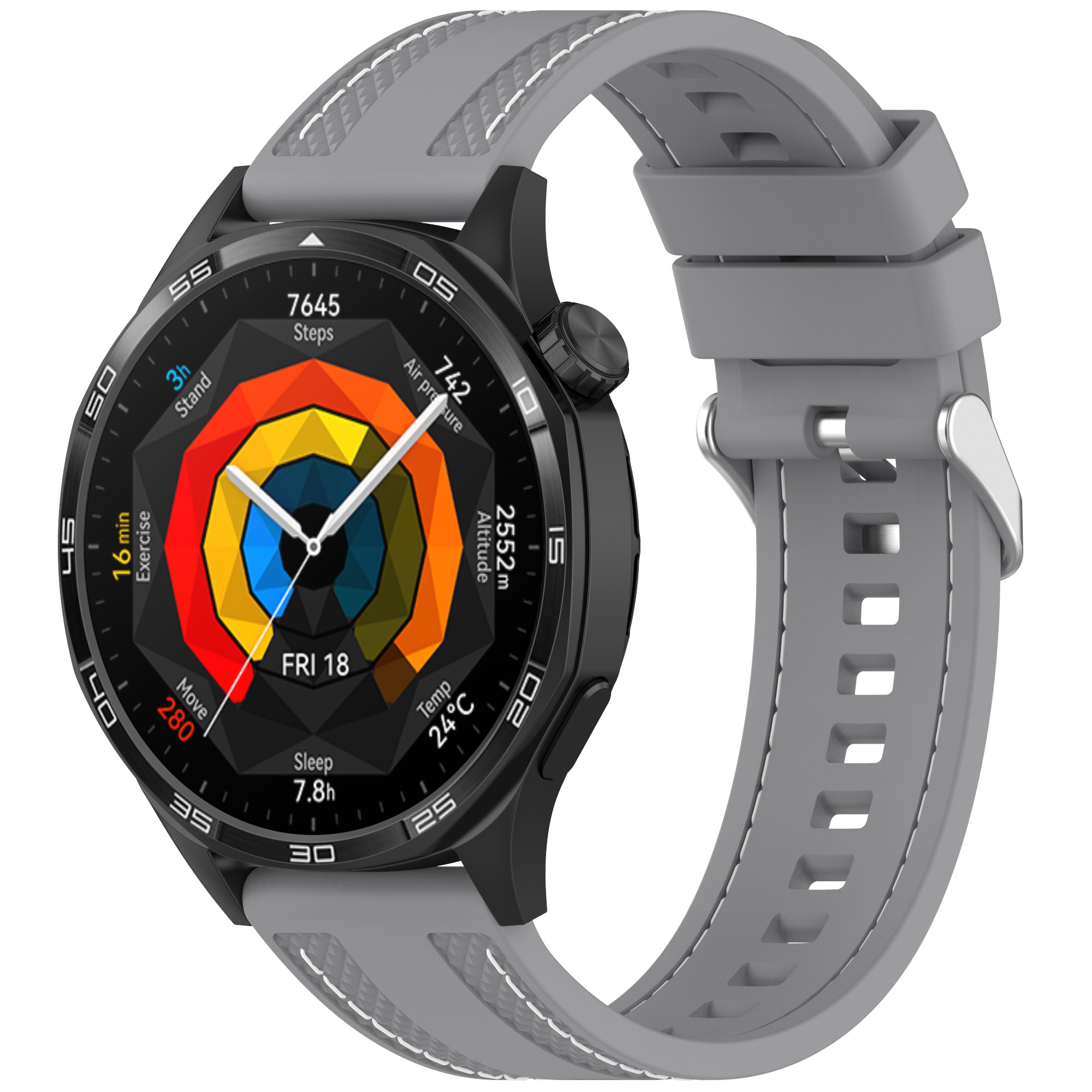 Eine Smartwatch mit grauem Armband, schwarzem Zifferblatt mit farbiger Aktivitätsdatenanzeige. Zeigt Zeit, Schritte, Höhe, Temperatur.