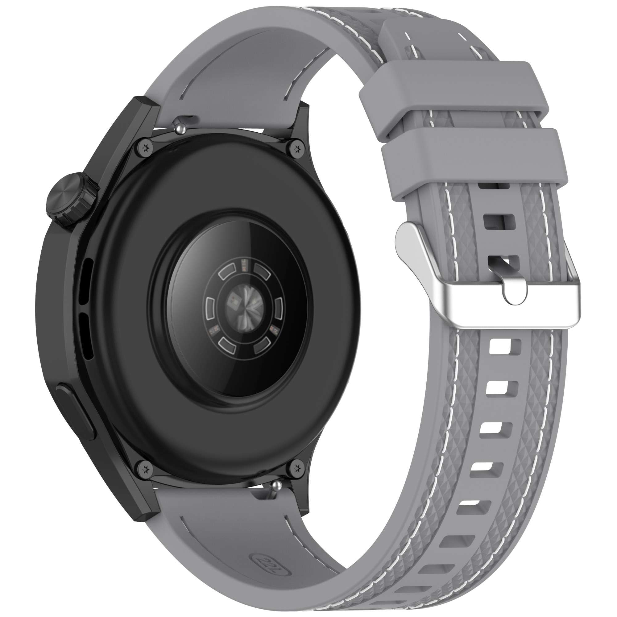 Rückansicht einer Smartwatch mit grauem Armband. Die Uhr ist schwarz, das Armband hat weiße Nähte und eine silberne Schnalle.