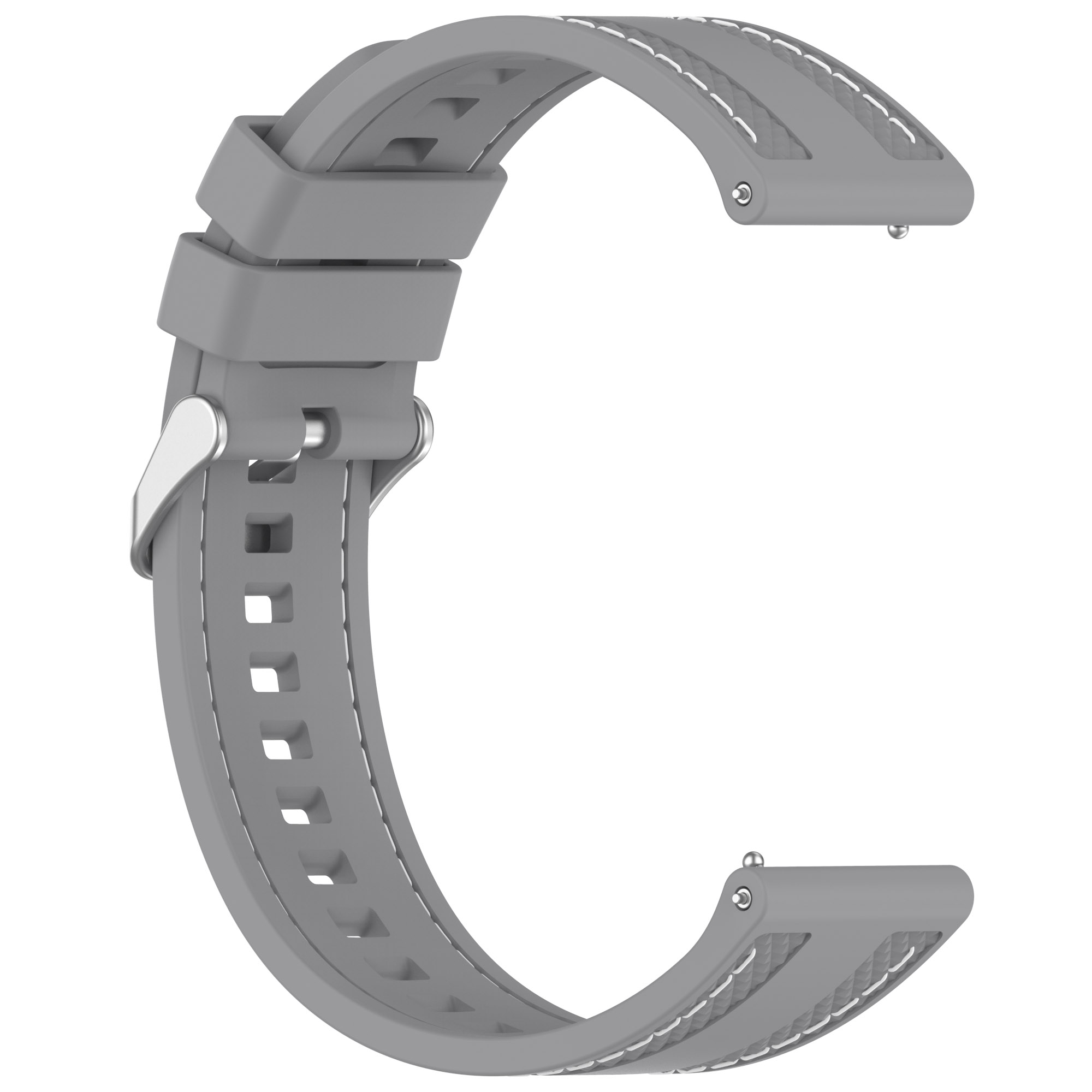 Ein graues Uhrenarmband mit weißen Nähten. Es hat einen Metallverschluss und ist gebogen, um sein Design zu zeigen.
