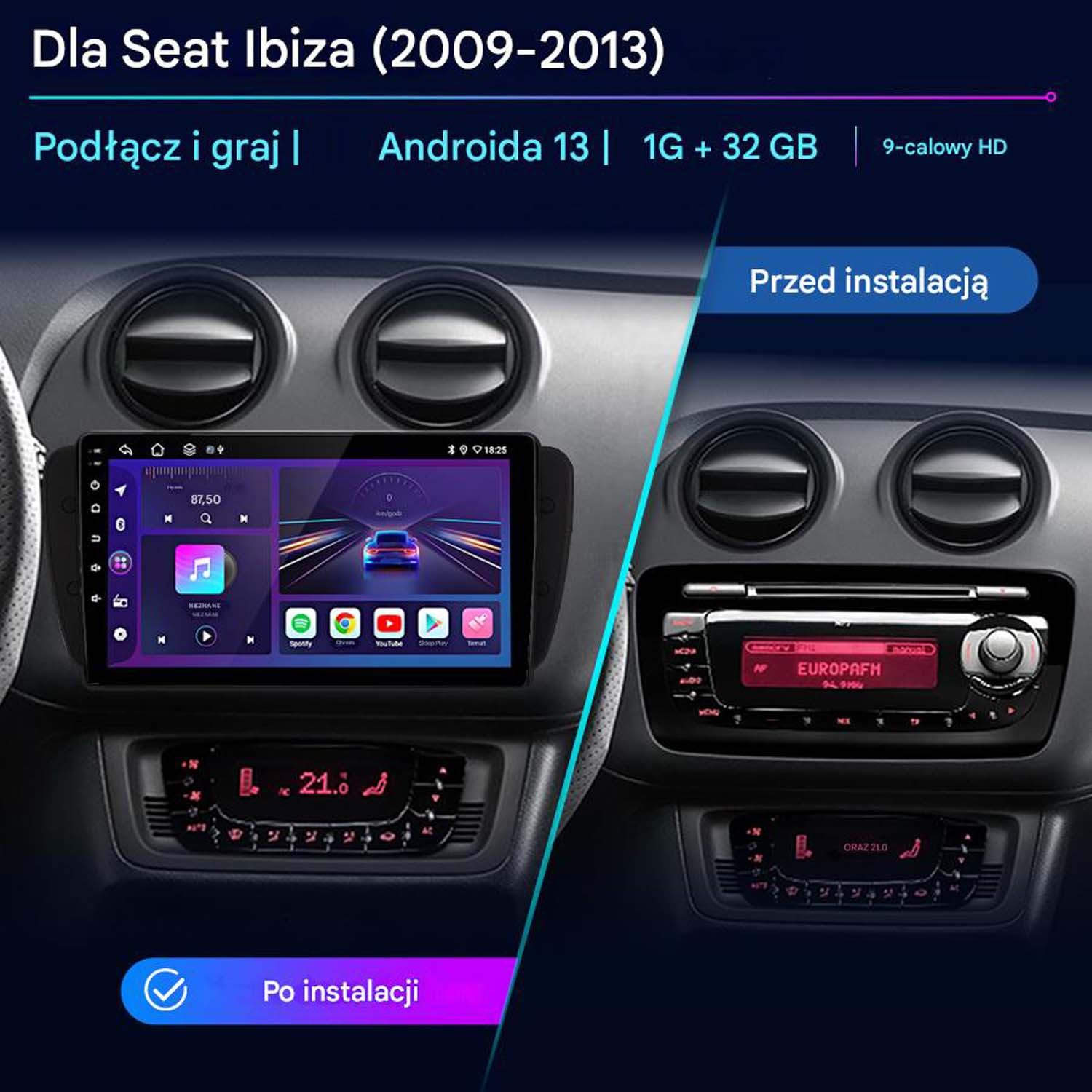 Porównanie radia samochodowego przed i po instalacji. Pokazuje ekran z aplikacjami i starym radiem. Informacje o modelu samochodu.