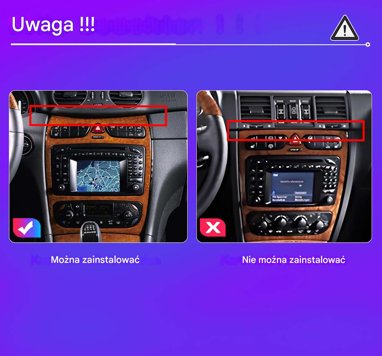 Porównanie deski rozdzielczej samochodu. Lewy obraz: instalowalny. Prawy obraz: nie do zainstalowania. Drewno i przyciski.