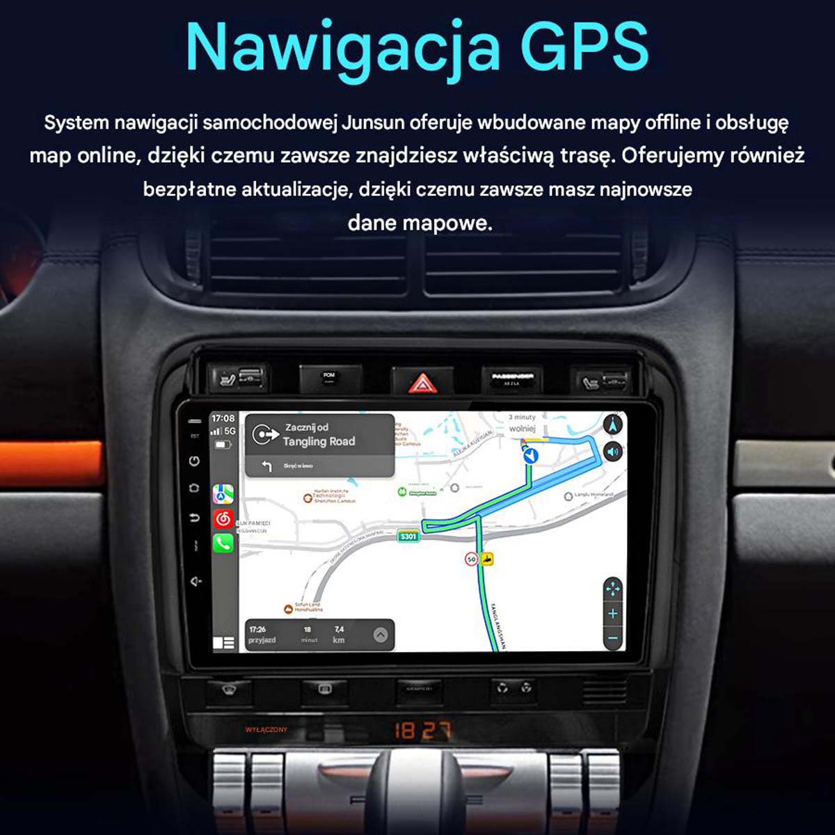 Deska rozdzielcza samochodu z nawigacją GPS pokazująca trasę. Ekran wyświetla mapę z wskazówkami i czasem jazdy.