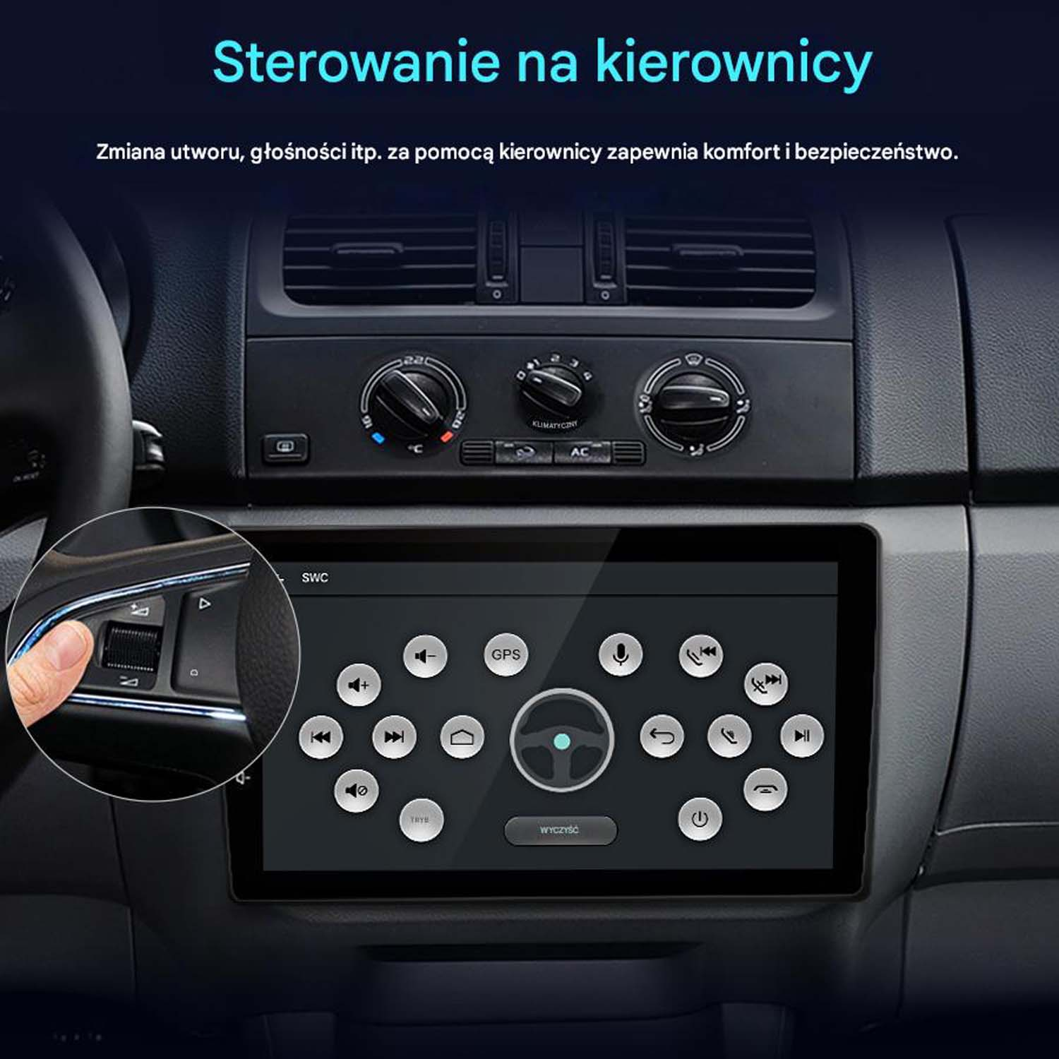 Wnętrze samochodu z ekranem dotykowym i sterowaniem w kierownicy. Ręka naciska przycisk. Widoczna klimatyzacja i nawiewy.
