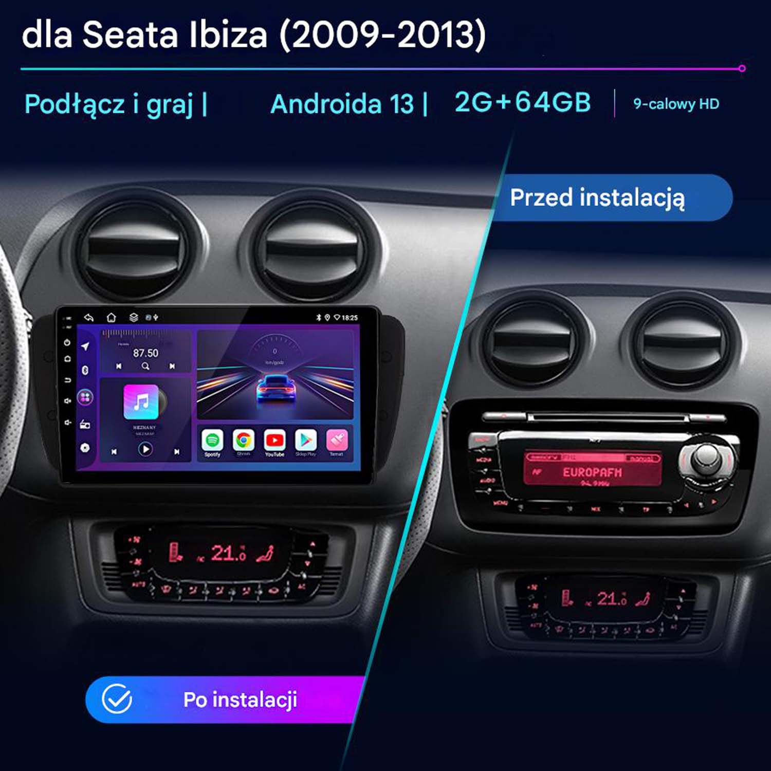 Obrazek pokazuje radio samochodowe przed i po instalacji. Nowe radio ma ekran z aplikacjami, stare radio ma wyświetlacz.