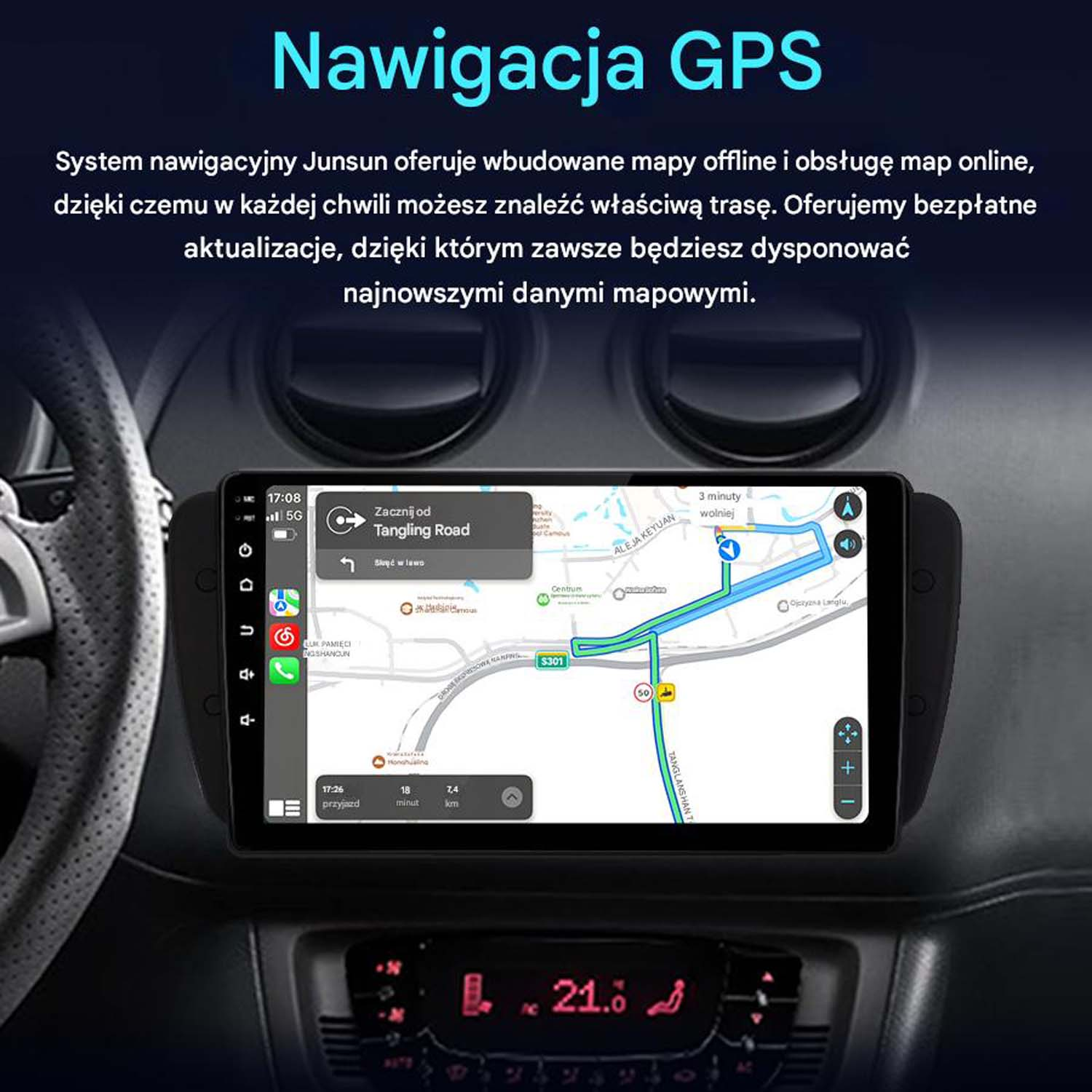 System nawigacji samochodowej wyświetlający mapę GPS z instrukcjami. Kierownica samochodu jest po lewej.