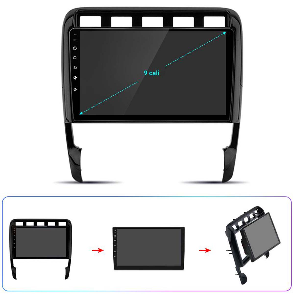 System multimedialny do samochodu z 9-calowym ekranem. Czarny z ramką. Trzy małe obrazy pokazujące kroki instalacji.