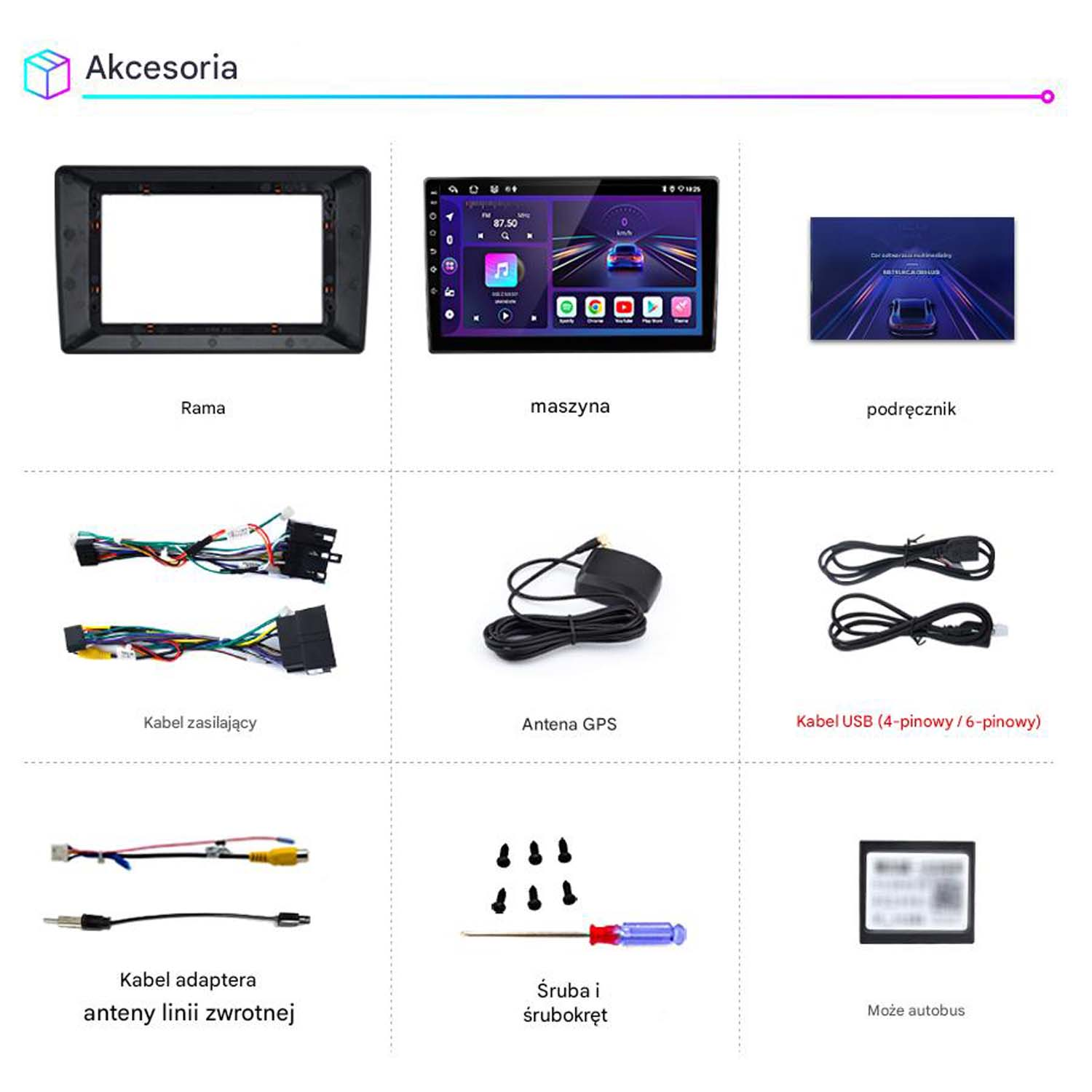Obraz wyświetla akcesoria samochodowe: ramę, radio samochodowe, instrukcję, kable, antenę GPS, kabel USB, kabel adaptera, śruby i śrubokręt.