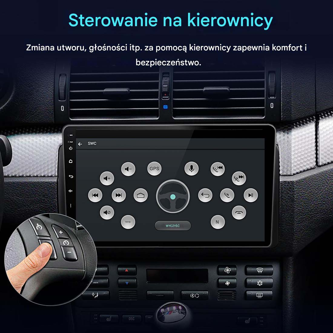 Panel samochodowy z ekranem wyświetlającym elementy sterujące. Dłoń na przycisku kierownicy. Tekst u góry mówi 'Sterowanie kierownicą'.