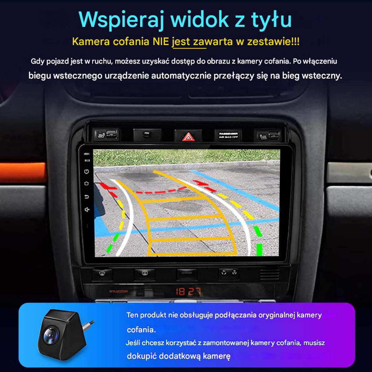 Deska rozdzielcza samochodu z ekranem wyświetlającym widok z kamery cofania. Obraz kamery w lewym dolnym rogu. Tekst po polsku.