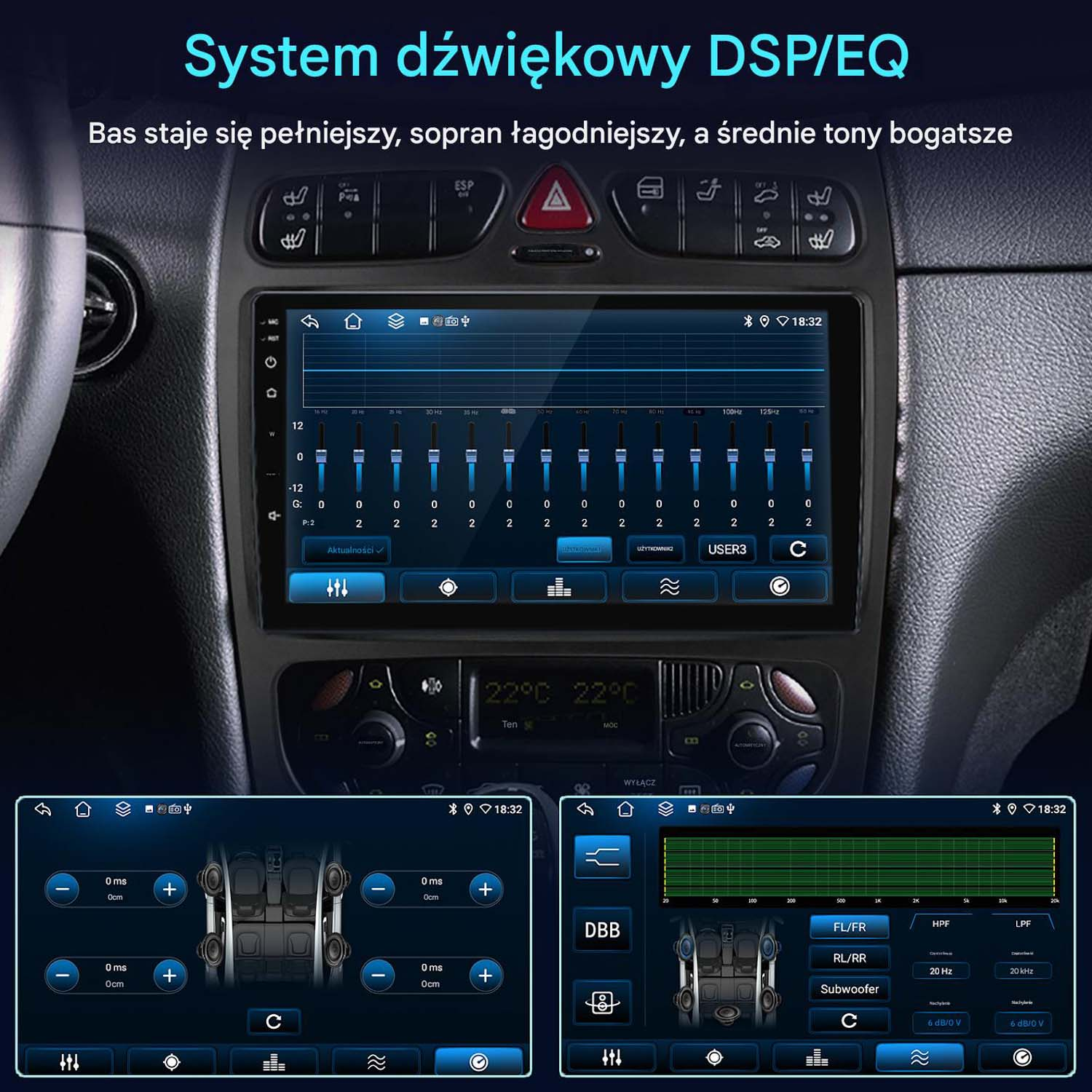 Ekran samochodowego systemu audio wyświetlający ustawienia korektora. Pokazuje regulację basów, tonów wysokich i inne opcje audio.