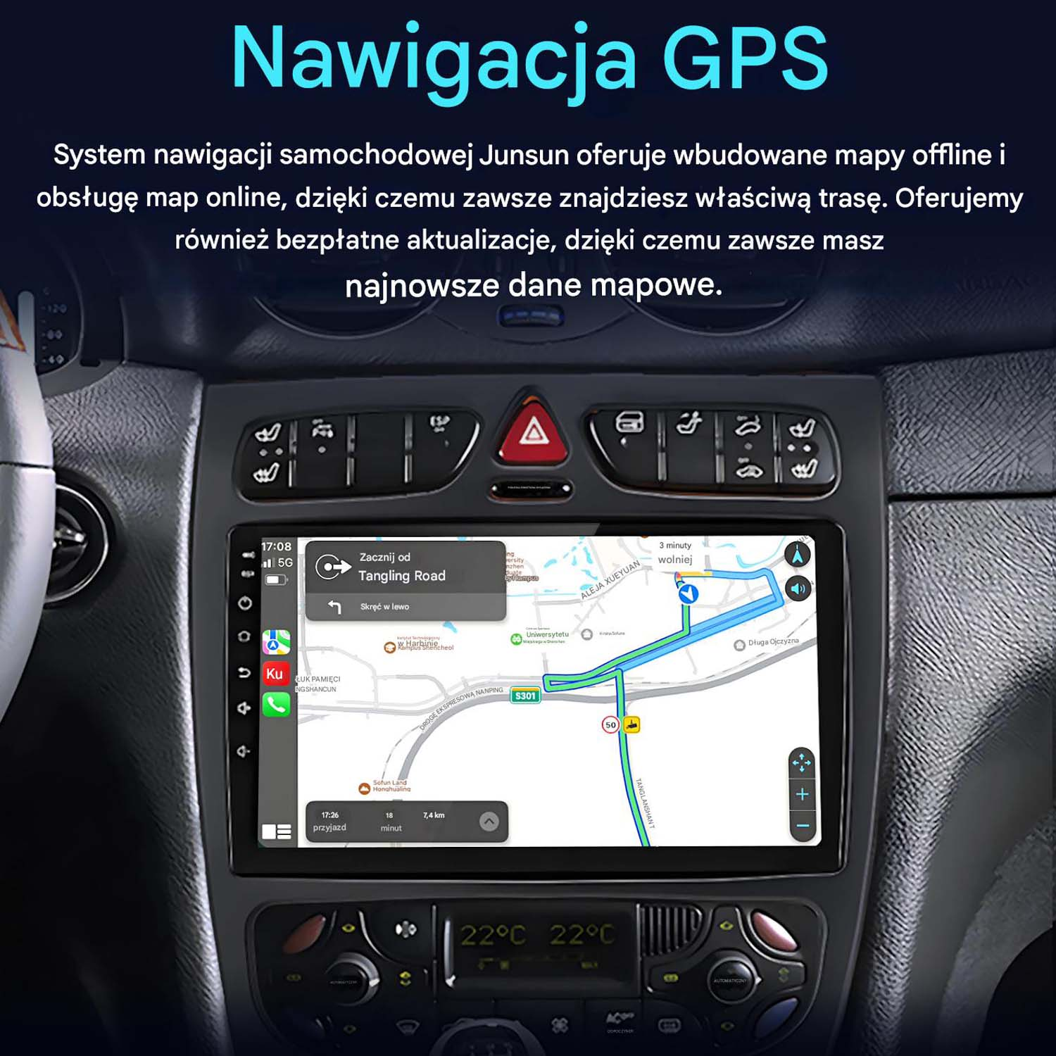 System nawigacji GPS w samochodzie pokazujący mapę, czas i temperaturę. Ekran wyświetla trasę i inne informacje.