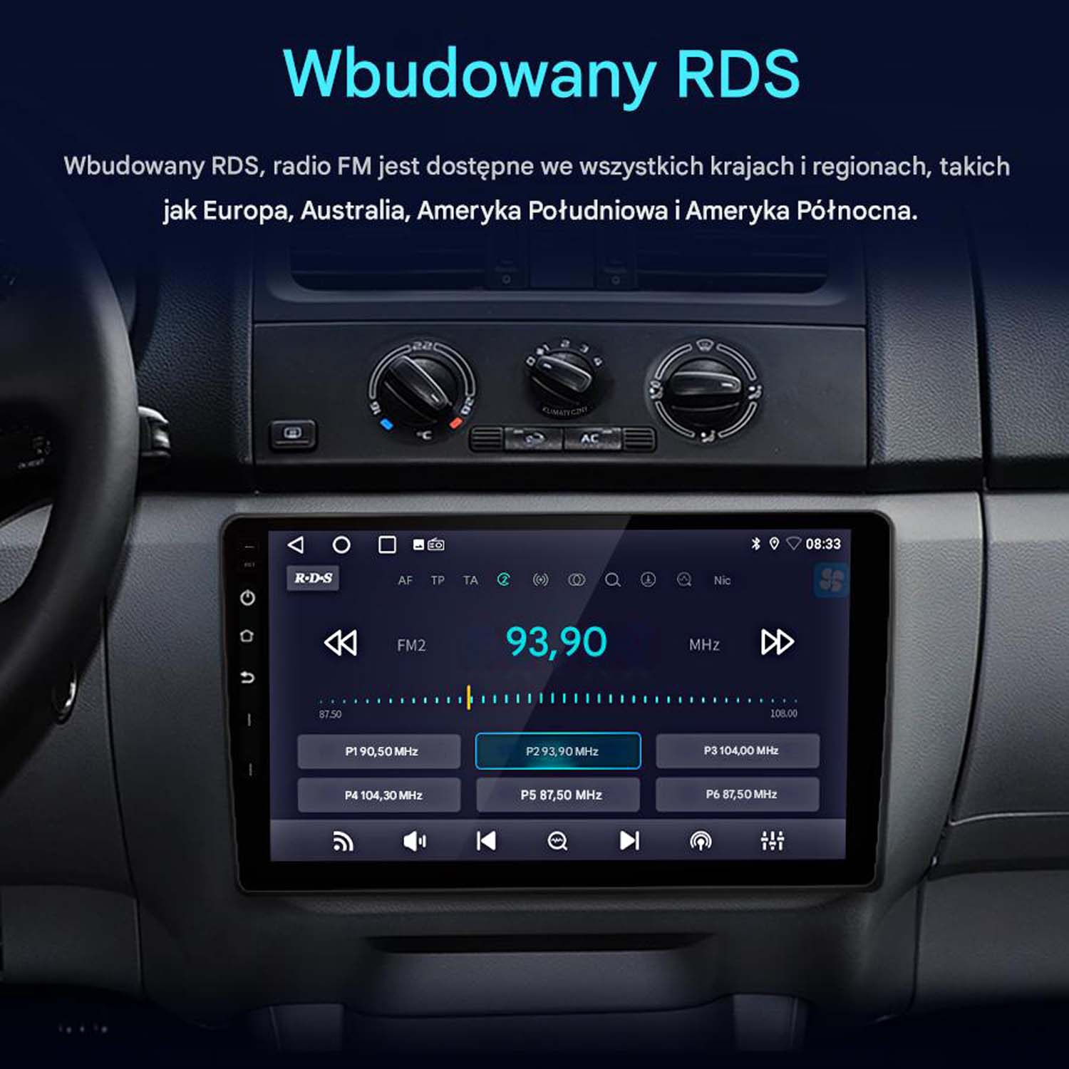 Deska rozdzielcza samochodu z wyświetlaczem radia RDS pokazującym FM 93,90 MHz i sterowaniem klimatyzacją.