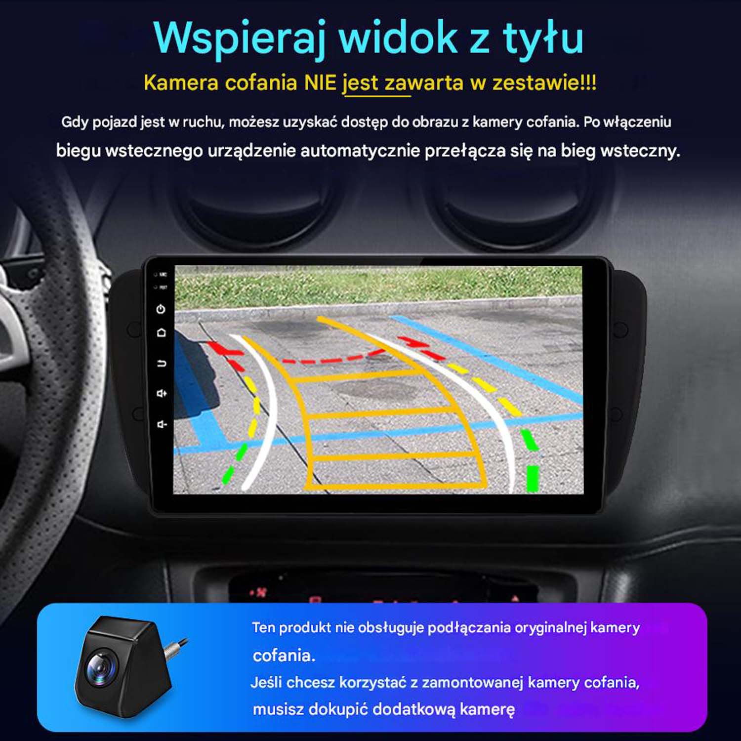 Deska rozdzielcza samochodu pokazująca widok z kamery cofania. Tekst mówi, że kamera nie jest dołączona. Czarna kamera pokazana na dole.