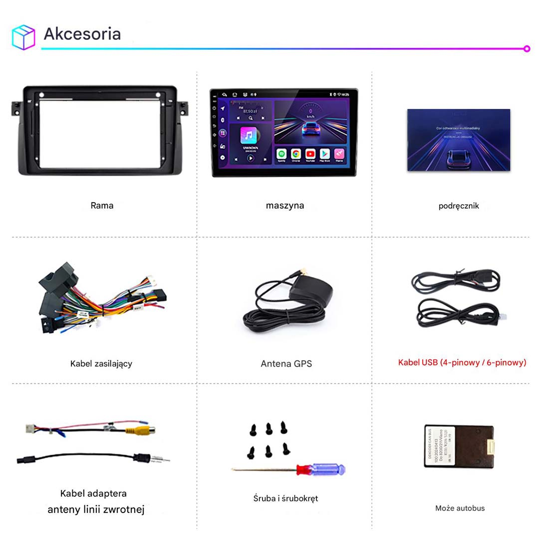 Obraz wyświetla akcesoria samochodowe: ramę, maszynę, instrukcję, kabel zasilający, antenę GPS, kabel USB, kabel adaptera, śruby i śrubokręt oraz moduł magistrali.