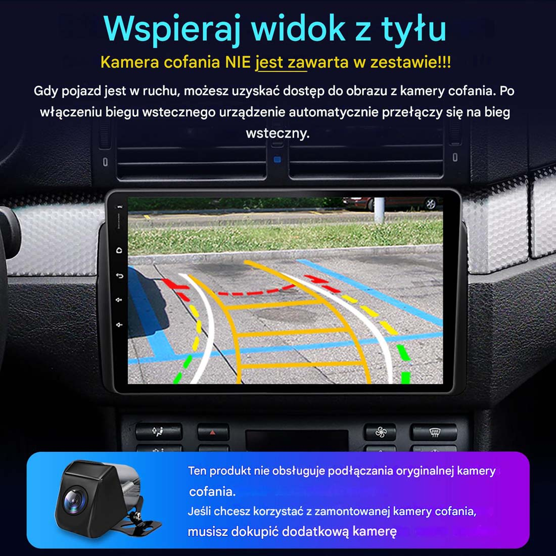 Ekran deski rozdzielczej samochodu wyświetlający widok asystenta parkowania z kolorowymi liniami. Kamera w lewym dolnym rogu, tekst u góry.