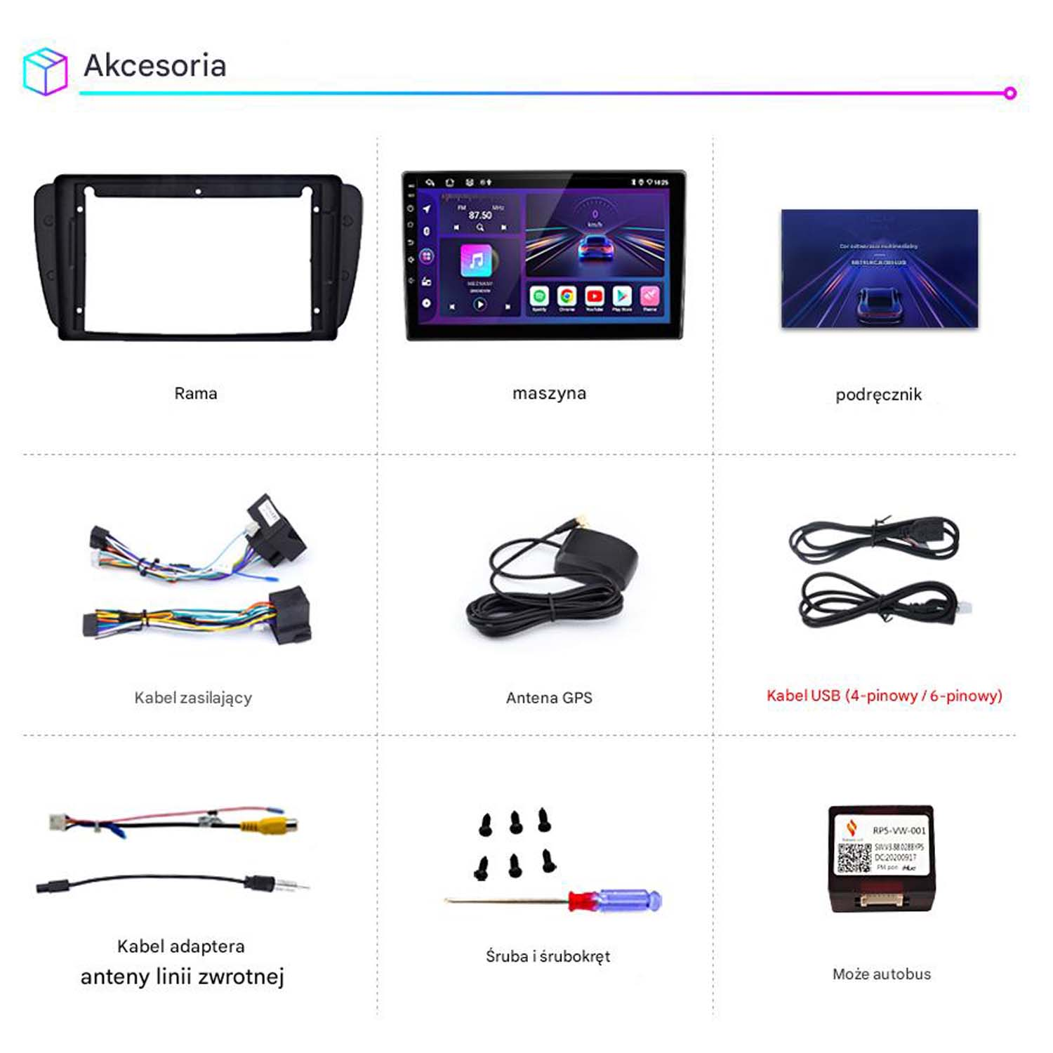 Wyświetlane akcesoria samochodowe obejmują ramę, maszynę, instrukcję, kable zasilające, antenę GPS, kabel USB, kabel adaptera, śruby i moduł.