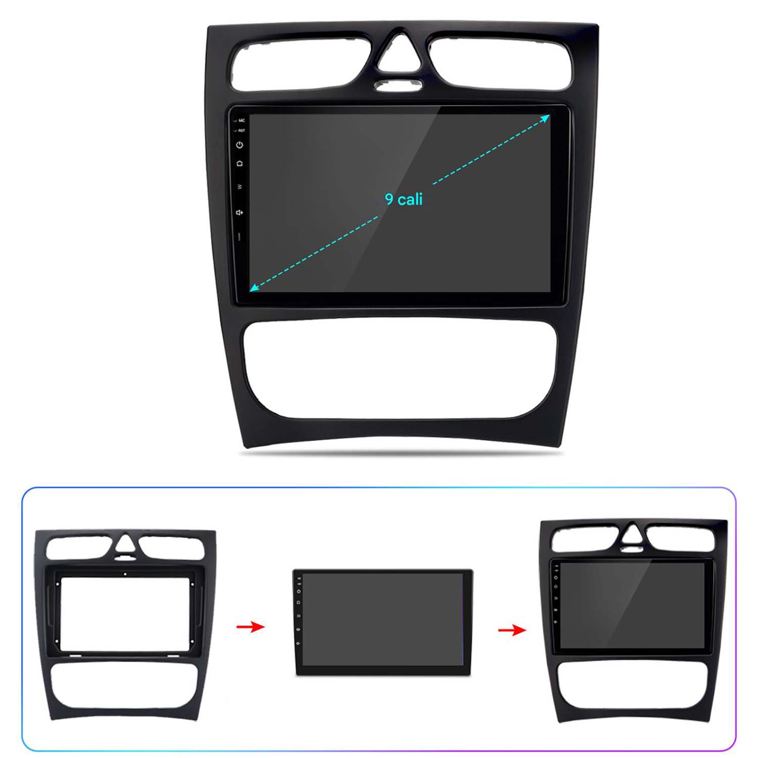 Deska rozdzielcza samochodu z 9-calowym ekranem. Ekran znajduje się w środku czarnej ramki. Poniżej kroki instalacji.
