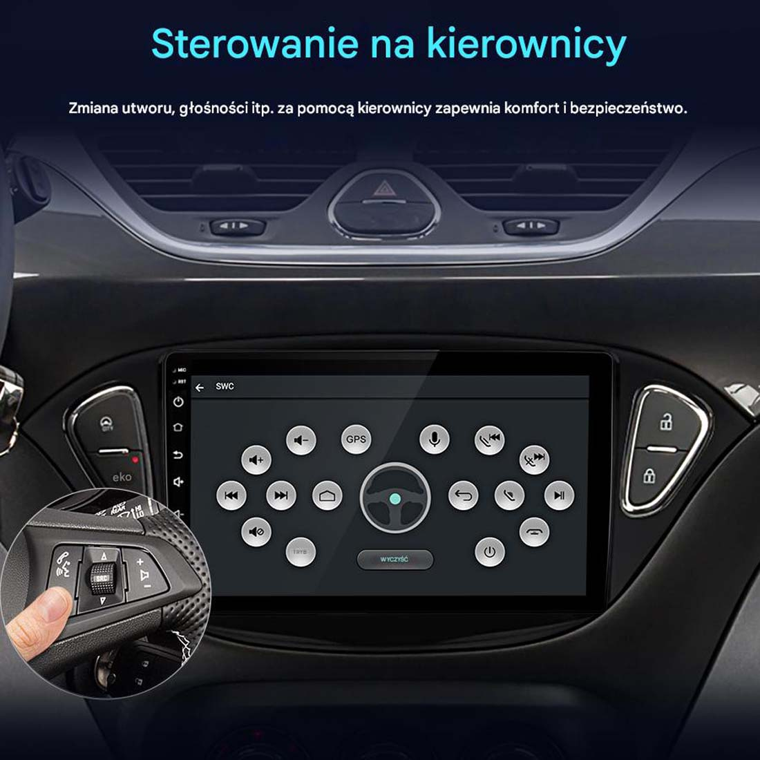 Ekran deski rozdzielczej samochodu z ikonami. Widoczna kierownica i elementy sterujące. Tekst: Sterowanie kierownicą dla wygody i bezpieczeństwa.