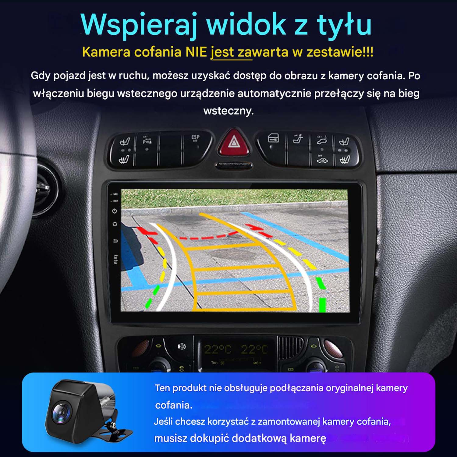 Deska rozdzielcza samochodu z ekranem pokazującym widok z kamery cofania. Polski tekst promuje funkcję. Kamera nie jest dołączona.