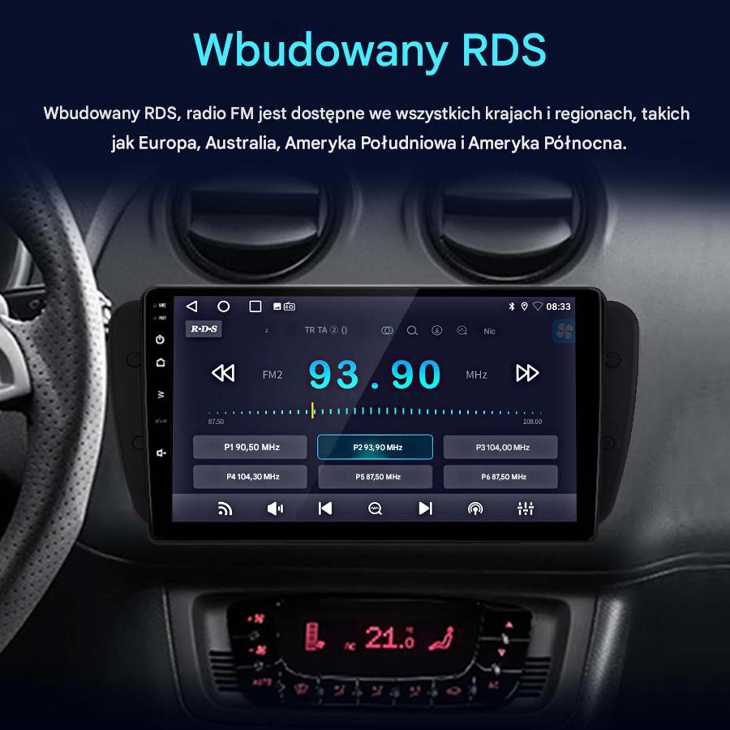 Ekran radia samochodowego wyświetla informacje radiowe FM. Ekran pokazuje częstotliwość 93,90 MHz. Temperatura wynosi 21,0 stopni.