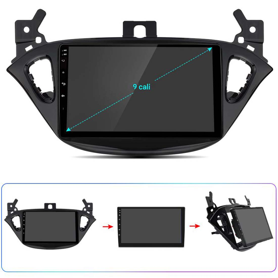 Wyświetlacz czarnego radia samochodowego z ekranem 9 cali. Poniżej pokazano trzy różne etapy instalacji ze strzałkami.