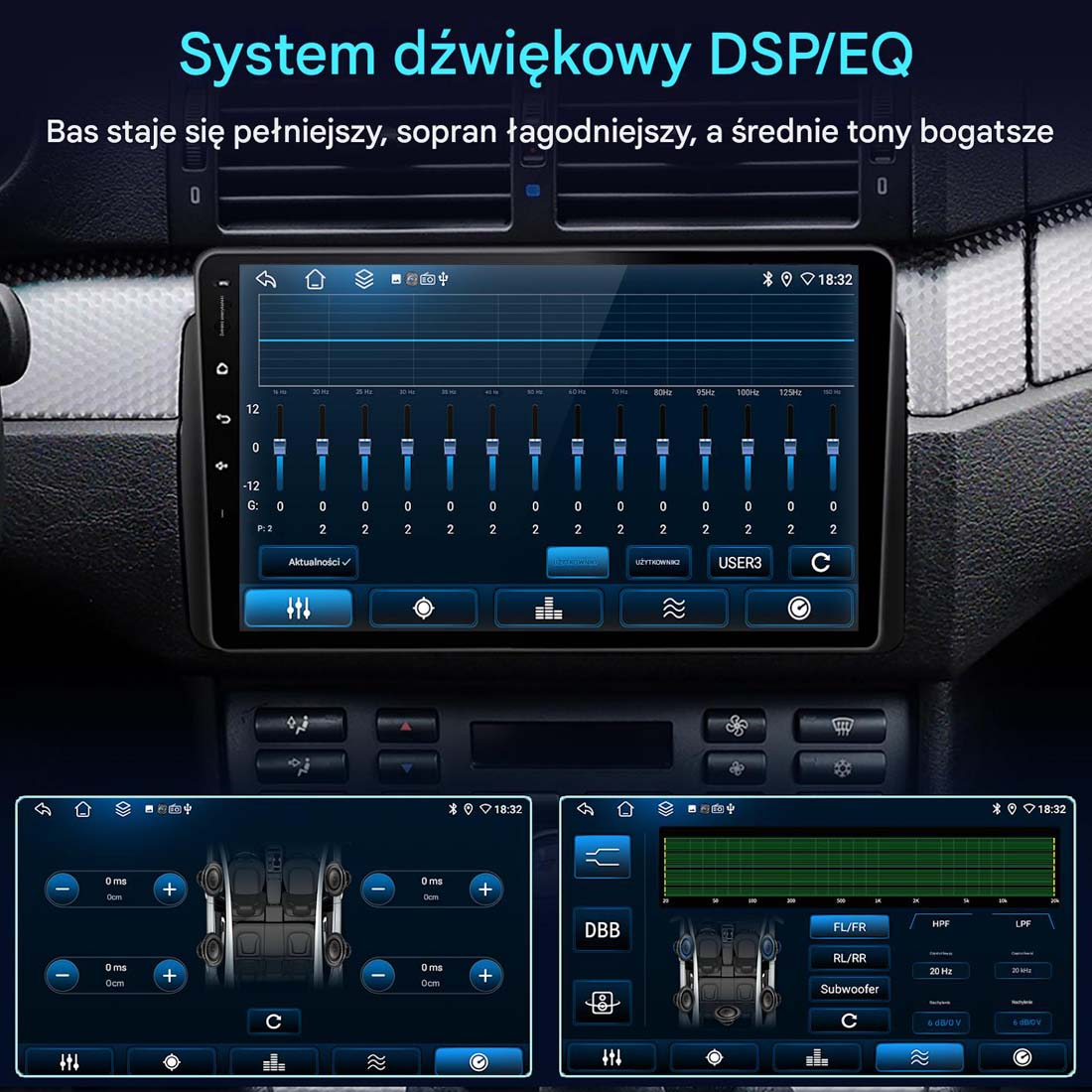 Interfejs systemu audio w samochodzie. Pokazuje ustawienia korektora i opcje sterowania z regulacją audio.