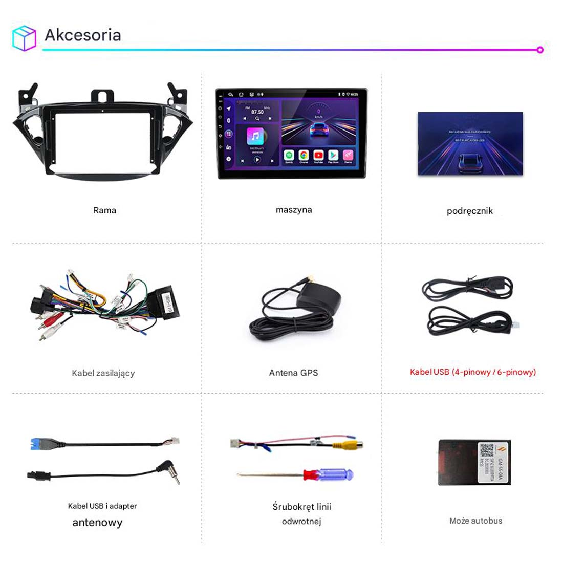 Obraz przedstawia akcesoria samochodowe, w tym ramę, maszynę, kable, antenę i śrubokręt. Obecne są również polskie teksty.