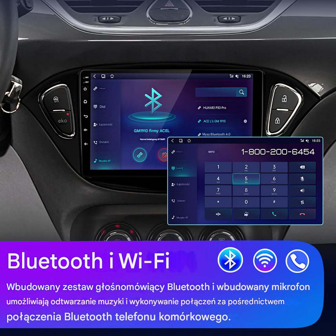 Ekran deski rozdzielczej samochodu wyświetla opcje Bluetooth i Wi-Fi, z nakładką klawiatury telefonicznej.