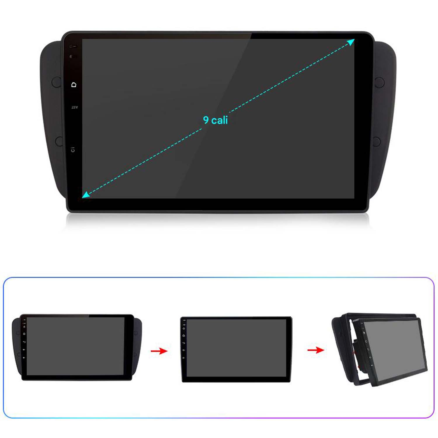 Ekran multimedialny do samochodu z 9-calowym wyświetlaczem, otoczony czarną ramką. Poniżej wyświetlane są trzy etapy instalacji.