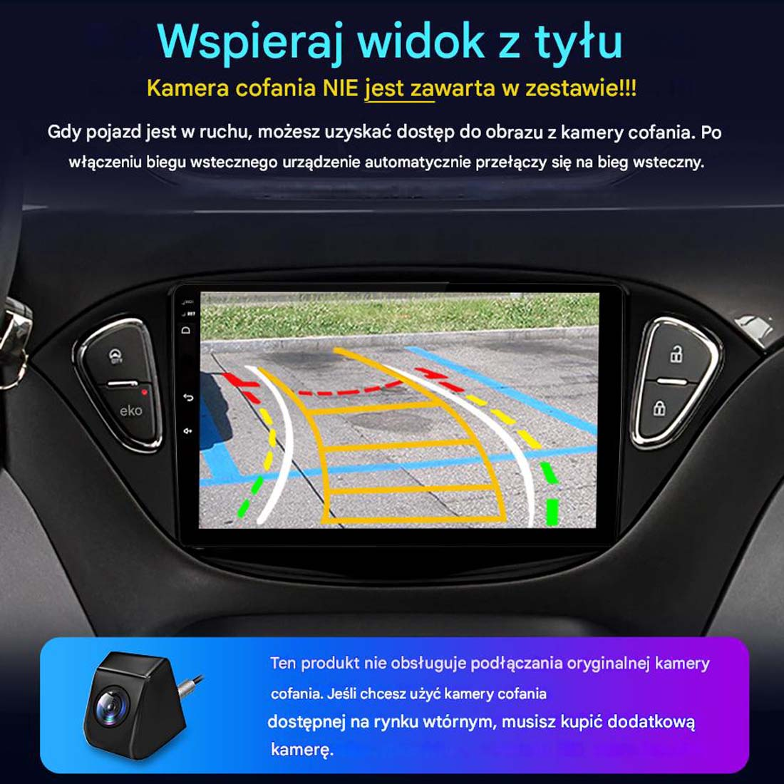 Ekran deski rozdzielczej samochodu pokazuje widok z kamery cofania z liniami pomocniczymi, tekstem po polsku i małą ikoną kamery.