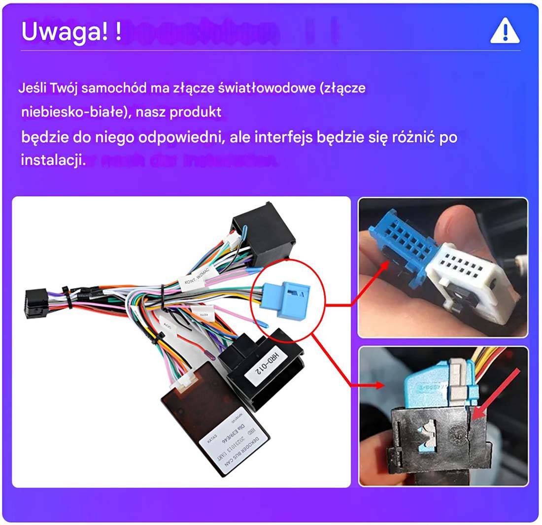 Obraz pokazuje wiązkę przewodów samochodowych ze złączami. Tekst po polsku. Zbliżenia pokazują konkretne złącza i ich połączenia.