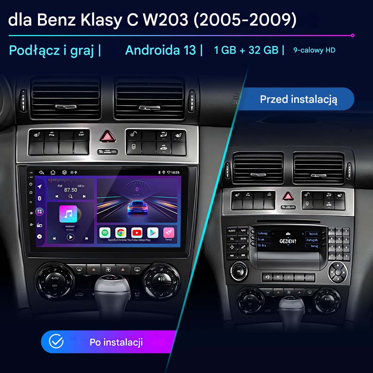 Porównanie deski rozdzielczej samochodu: przed i po instalacji nowego systemu Android. Pokazuje radio, klimatyzację i wyświetlacz.